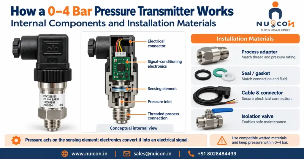 pressure transmitter 0-4 bar working principle, internal components and installation materials | Nuicon
